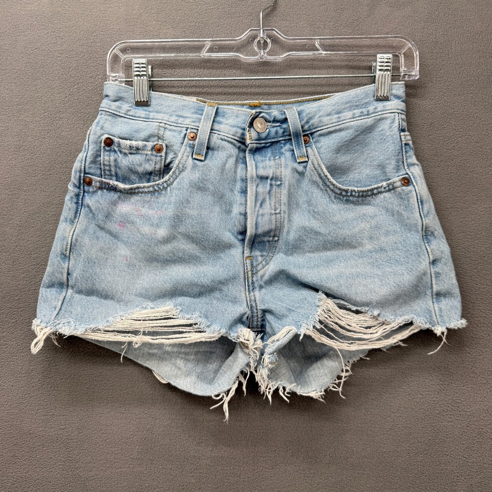 Levis 501 Denim Shorts Womens 27 Original High Rise Light Wash Distressed